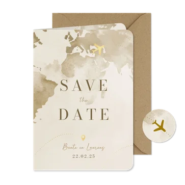 Save the date reisthema waterverf wereld goudfolie vliegtuig